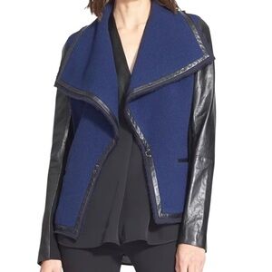 VINCE Lambskin Leather Sleeve Mixed Media Moto Jacket